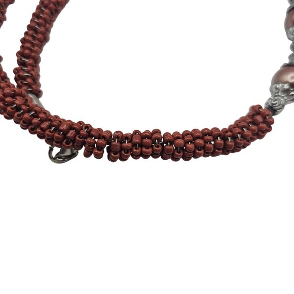 Women's Mother of Pearl Rust Red/Brown Shell Floral Beaded Choker Necklace - Picture 10 of 10